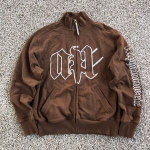 RARE Alphanumeric Full Zip Sweatshirt Mens S Brown Skate Streetwear Jacket Y2K